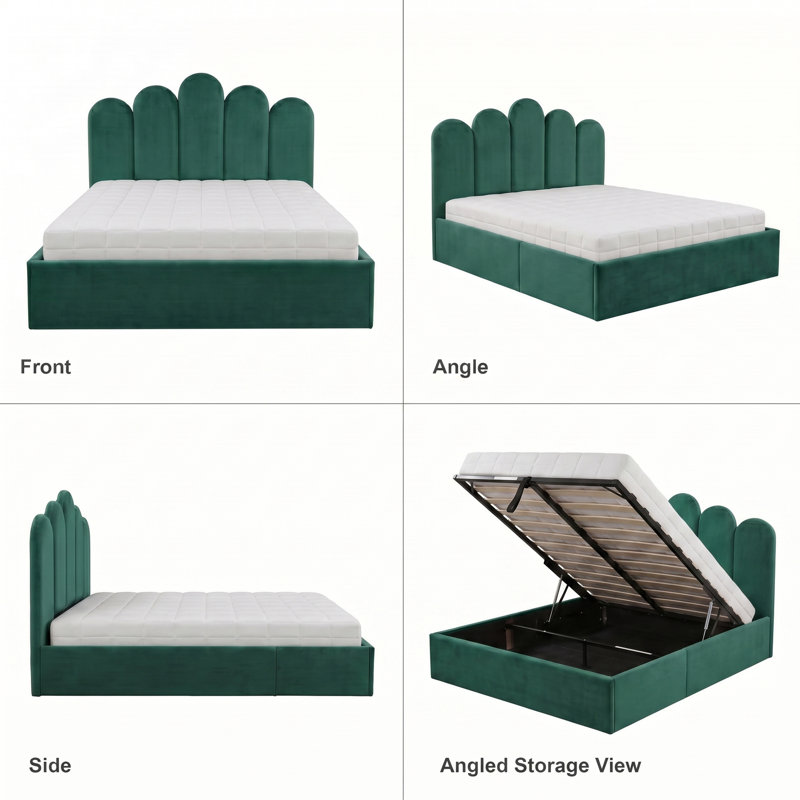 Modern Palm-Shaped Upholstered Bed with Lift Up Storage, Queen, Green Velvet, Queen, Green