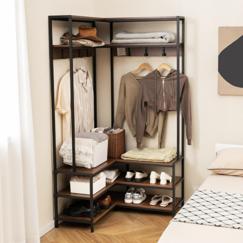 Support à vêtements de coin avec tablettes ouvertes et banc à chaussures à 7 crochets, Noyer