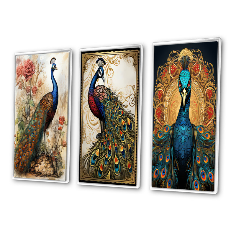 "Illustration rétro du paon Glorious" 3 pièces, Cadre blanc, H 20 po x l 36 po