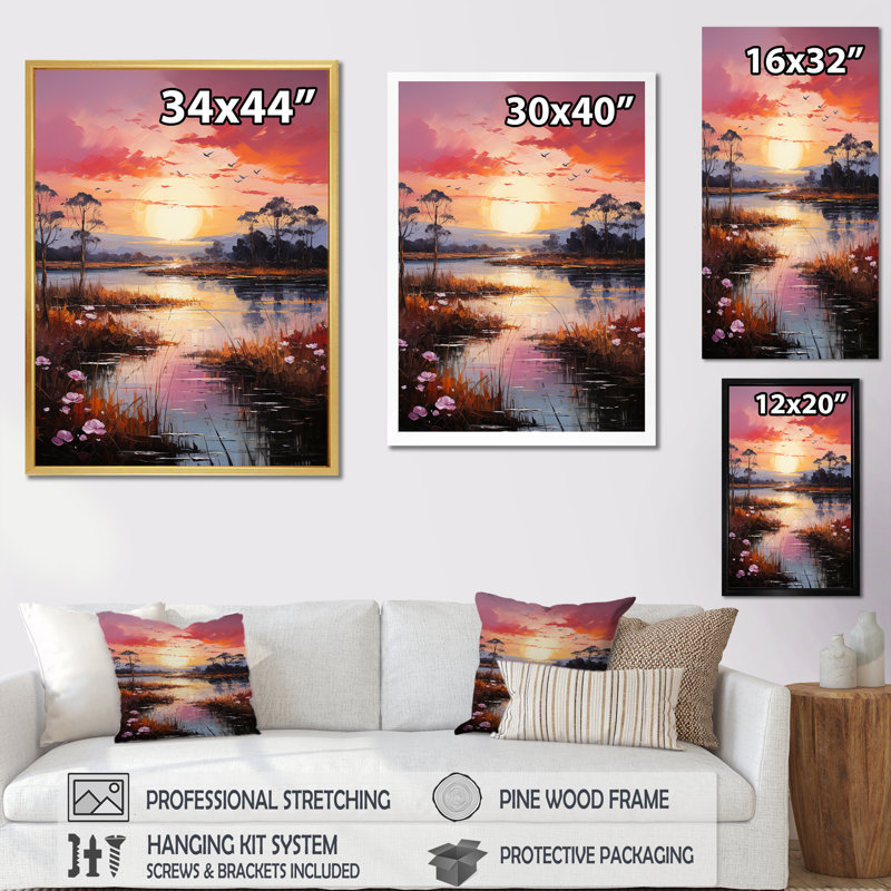 «Lakeside Sunrise Tranquility I», reproduction sur toile, H 32 po x l 16 po x P 1 po, Cadre flottant doré