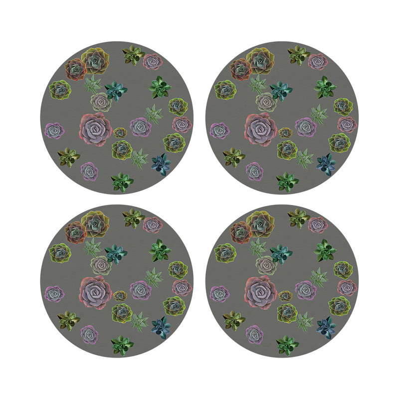 Succulents Floating Intenso Vegan Leather Round Coasters, Gray