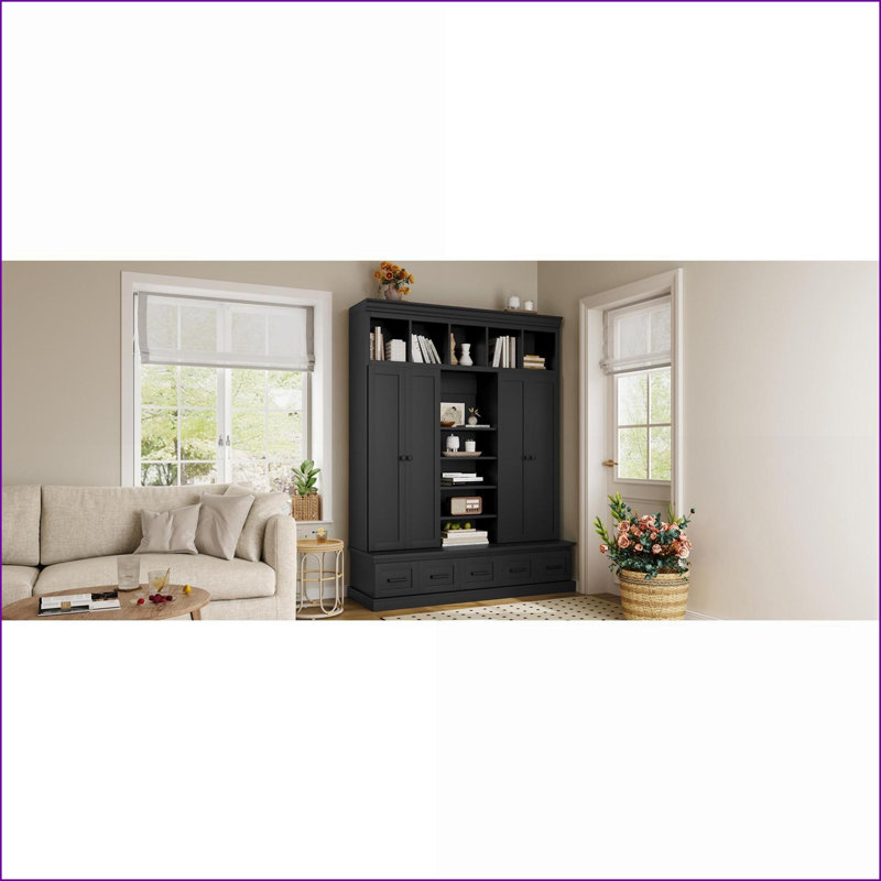 Hall Tree, 78.7'H Modern Entryway Storage with Bench, 5 Cubbies, 4 Doors, 5 Drawers | MDF | Coat Racks, Black