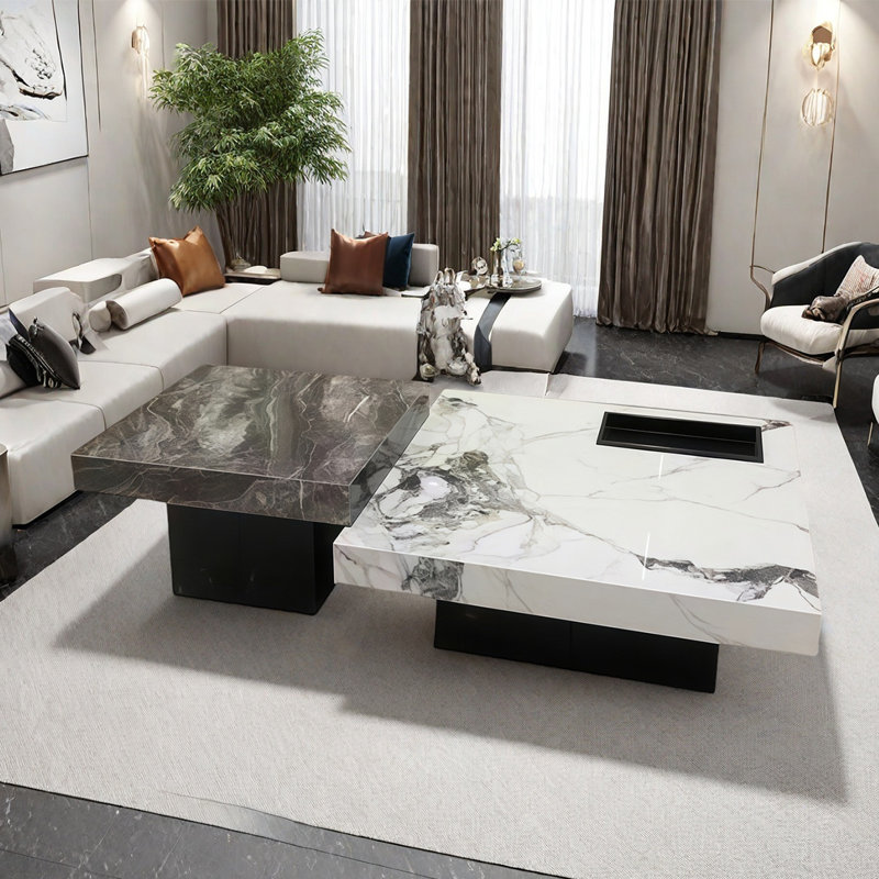 Modern rock plate coffee table set, Black/White/Multicolor, 13.8" H x 47.2" L x 47.2" W