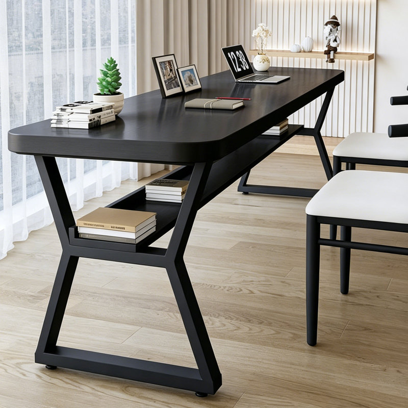 Bureau simple en bois de pin massif noir avec tablette, H 29,5 po x l 78,7 po x P 27,56 po