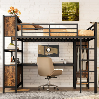 Robuste, grand lit, lit mezzanine en métal, bureau, garde-robe, garde-corps complet, chambre de L, espace de lecture en L, rangement, travail