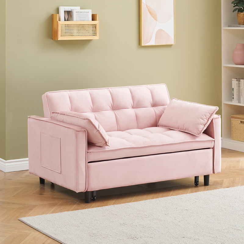 Modern 55" 3-in-1 couch folding sofa bed with two lumbar pillows for living room and office, Pink Velvet
