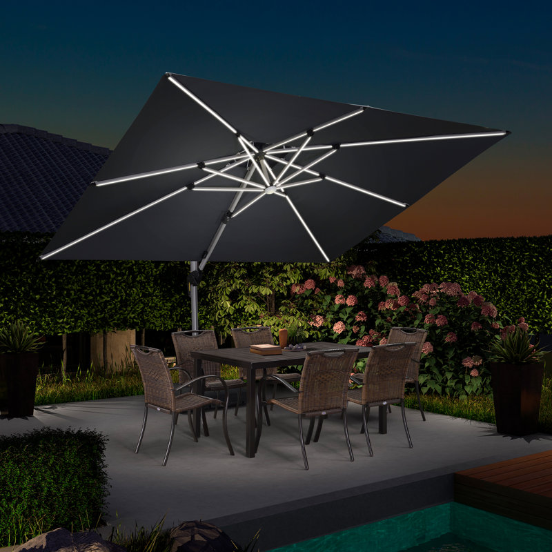 Caliegh Lighted 3.7m x 2.7m Rectangular Cantilever Parasol With Base, Grey