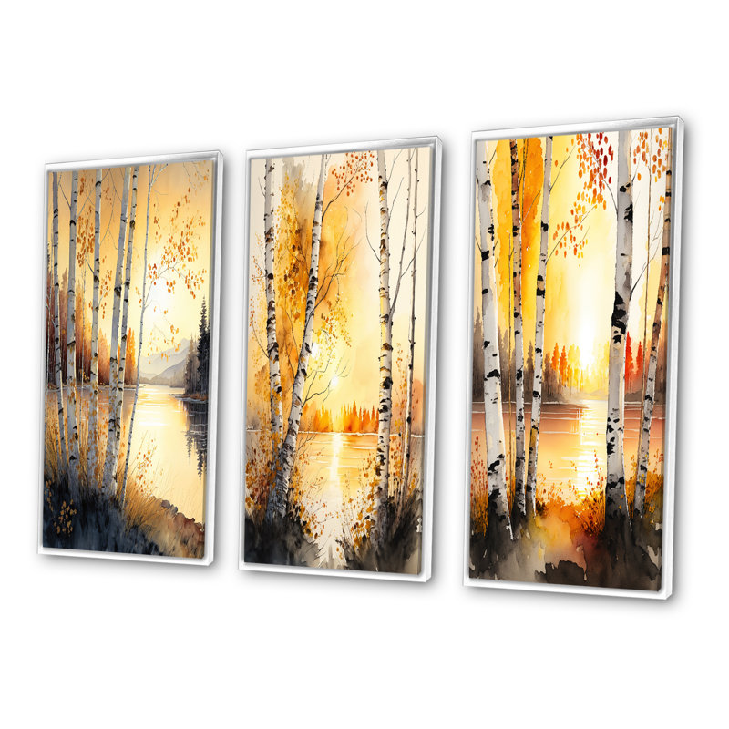 «Yellow Birches By The Lakeside», 3 pièces, H 32 po x l 48 po, Cadre flottant blanc