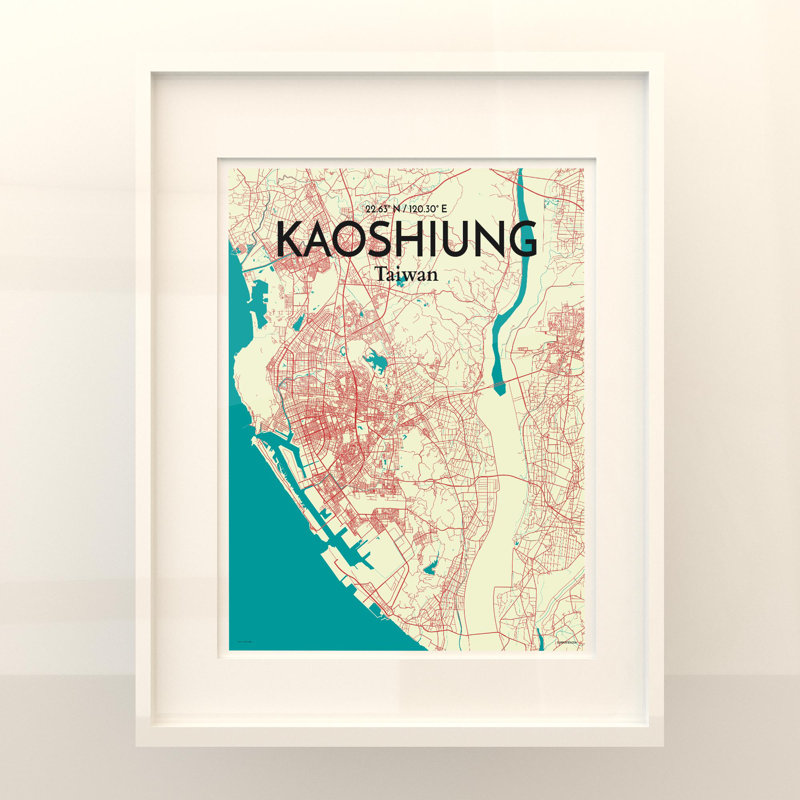 Kaoshiung City Map In Tricolour - No Frame Print, 20cm H x 16cm W x 0.05cm D