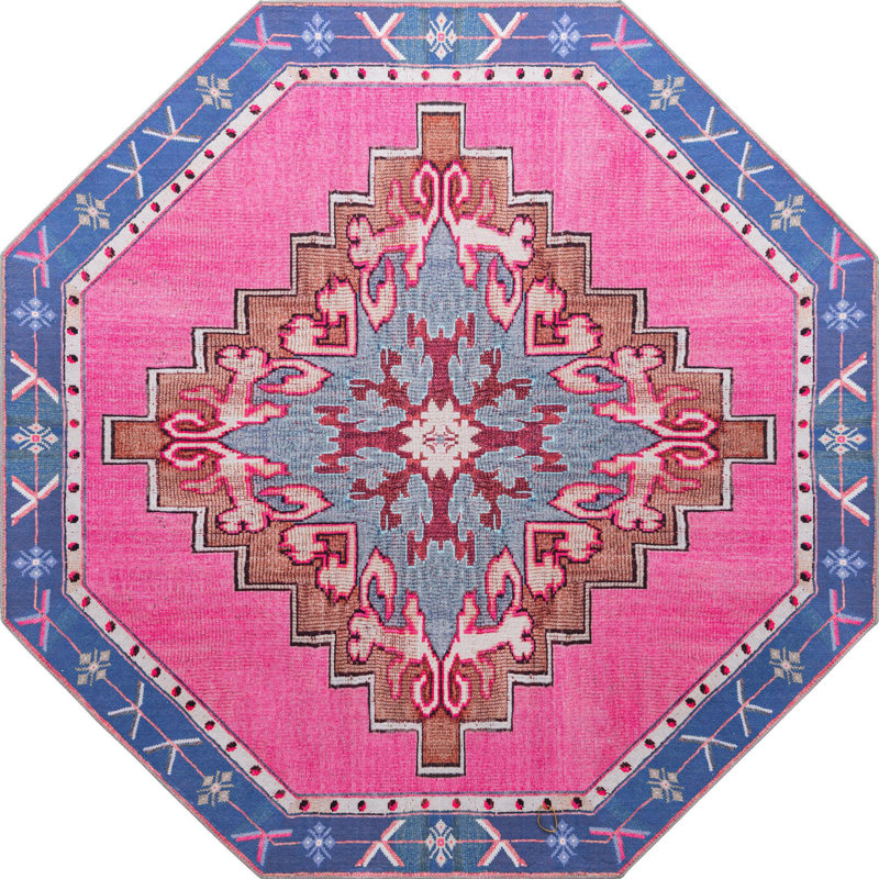 Tapis traditionnel d'Oppie fuchsia / violet, Octogone 7 pi 6 po x 7 pi 6 po