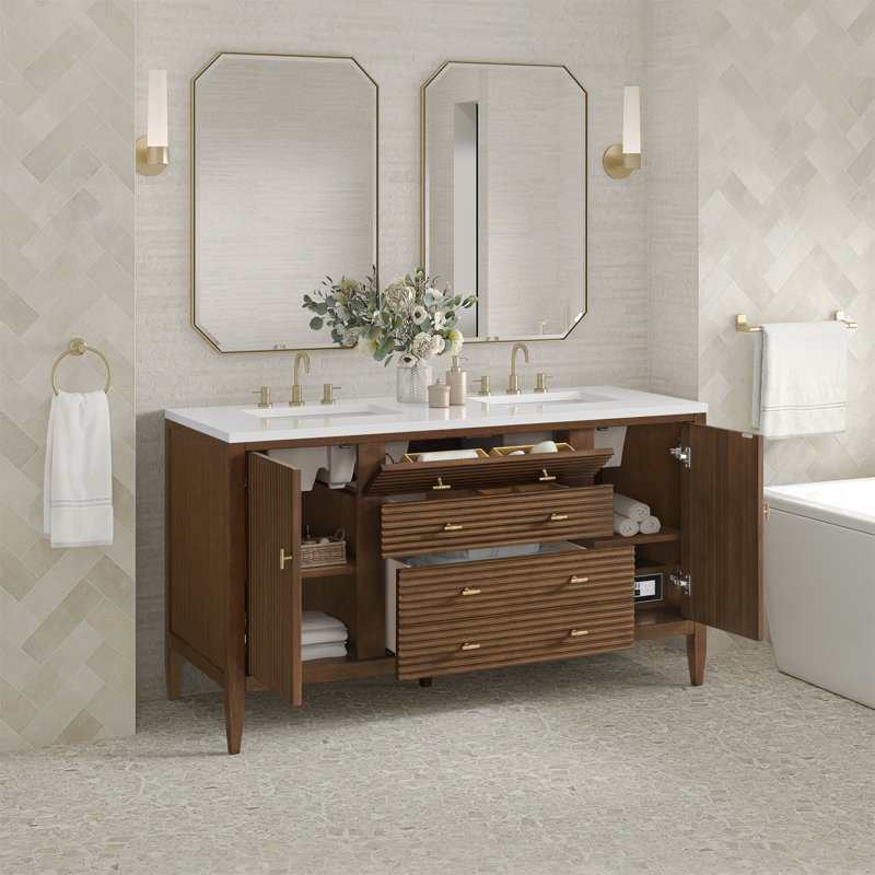 Myrrin 60'' W Double Vanity, Mid-Century Walnut, White Zeus, 8" Widespread