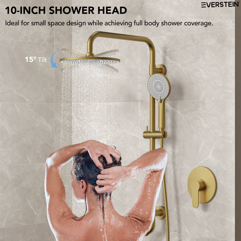 Wall Mount Pressure-Balanced Shower System, 10" Rainfall Shower Head with Slider Bar Handheld Spray, Brushed Gold