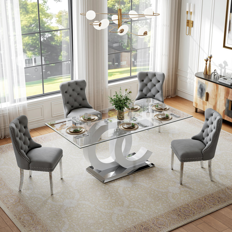5-Piece Glass Dining Table Set, 70" Rectangular Tempered Glass Table with OC-Shaped Base and 4 Tufted Velvet Dining Chairs, Elegant Modern Style