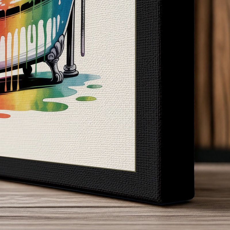 Giraffe in a Rainbow Bath Whimsical 1 Piece Wrapped Canvas Wall Art, 18x12 - 45.7 x 30.5 cm, Black Border