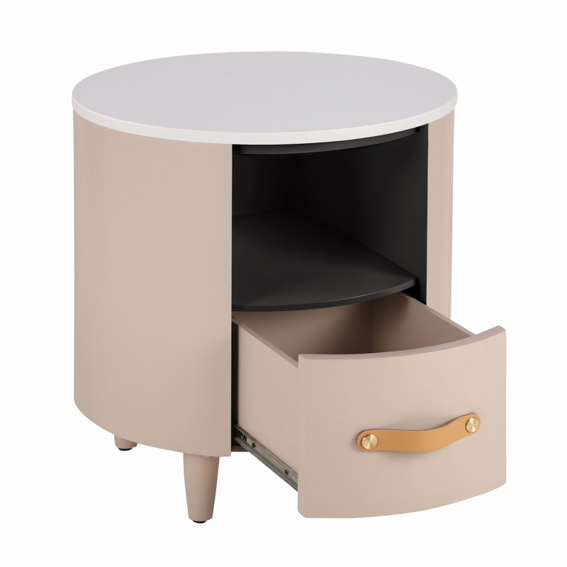 Table de chevet ronde avec tiroir de rangement, table de bout avec tablette de rangement ouverte, table de chevet pour salon, chambre à coucher