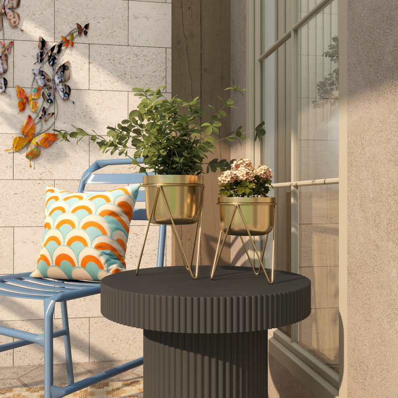 Ensemble de 2 pots d'intérieur et d'extérieur en métal avec support amovible, Jaune