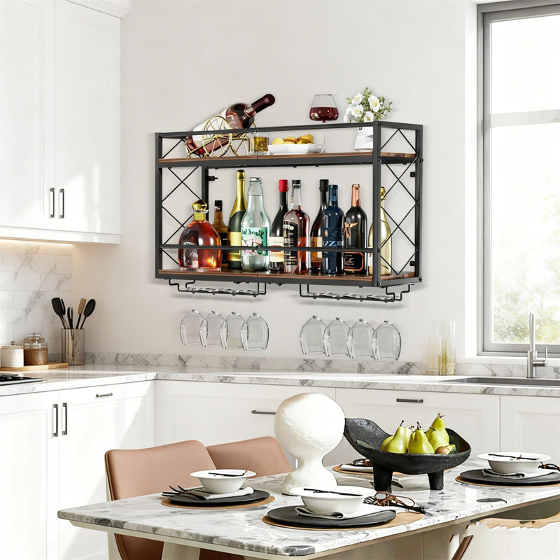 Wall Mounted Wine Bottle & Glass Rack Black,Brown