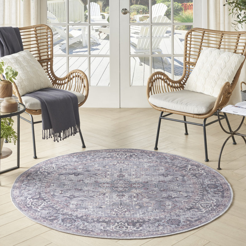 Machine Washable Oriental Gray Area Rug, Round 5'3"