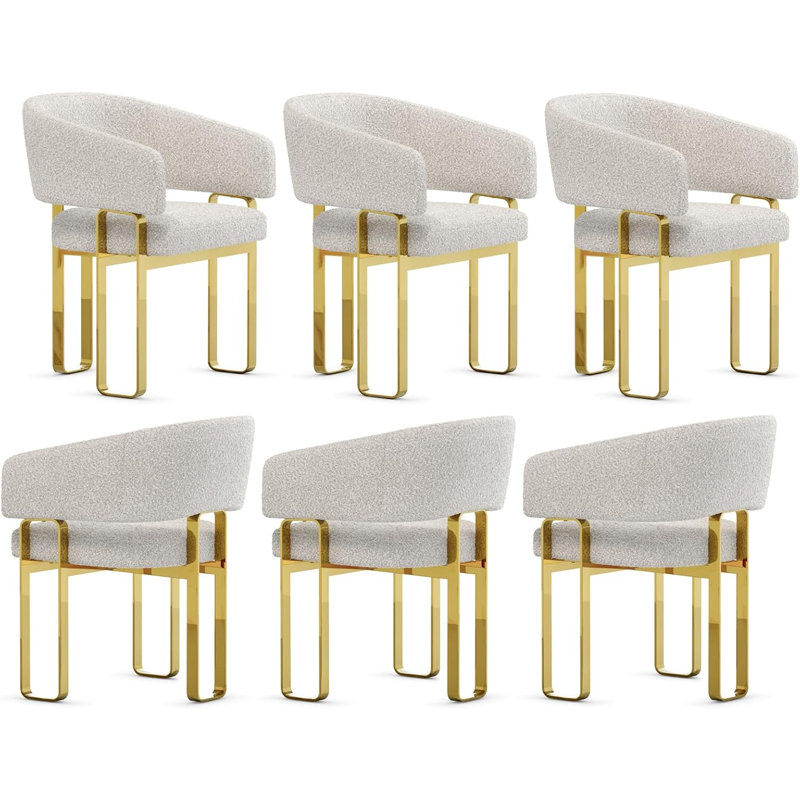 White Boucle Upholstered Barrel Dining Room Chairs Armchair With Polished Gols Legs, 6