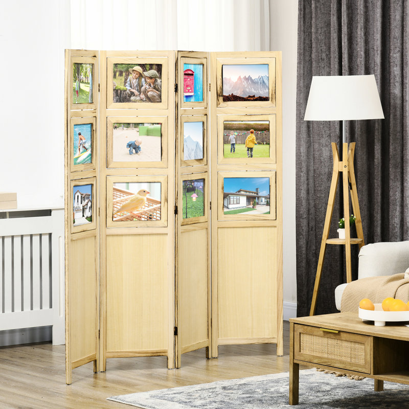 Cloison de séparation à 4 panneaux pour la chambre à coucher - Paravent d'intimité portable en bois de 5,6 pi, paravent naturel avec cadres,
