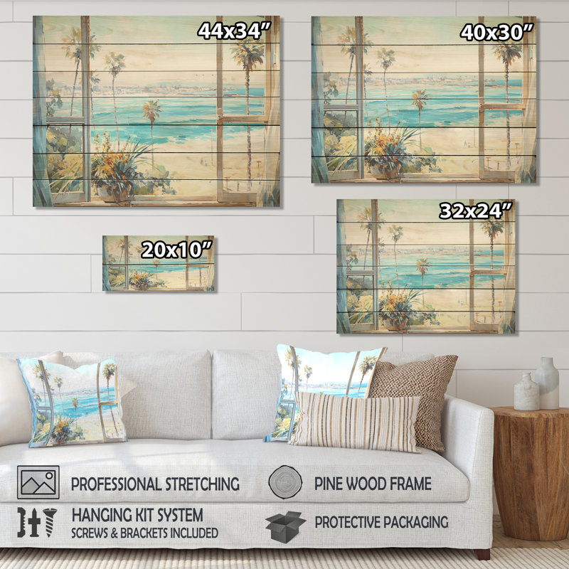 «Coastal Window View By The Beach IV» - Impression sur bord de mer sur bois, H 10 po x l 20 po