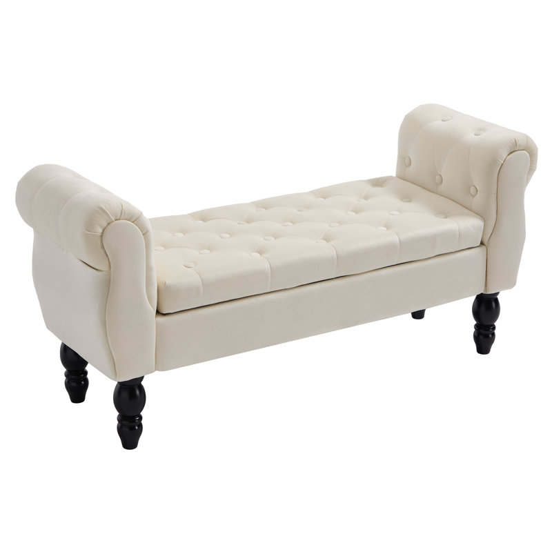 Banc de rangement 48 po en velours capitonné avec accoudoirs roulés, Crème