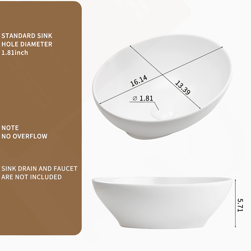 Lavabo de salle de bain ovale en cÃ©ramique blanc, Ã  poser sur le comptoir, 40,6 cm x 33 cm x 14 cm