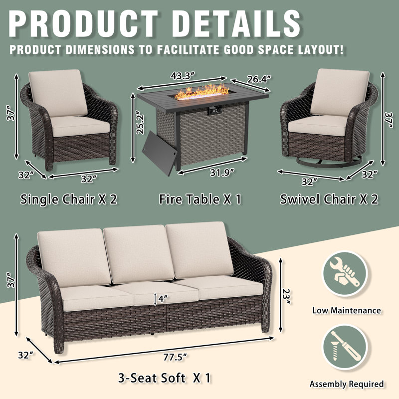 7-Person Outdoor Patio Conversation Rattan Seating Group With Brown 2-In-1 Propane Fire Pit Table and Beige Cushions, Beige