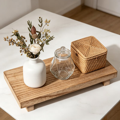 Small Wood Tray Pedestal Stand, Farmhouse Bathroom Decor, Decorative Wooden Riser for Kitchen Soap Dish Holder, Counter, Vanity, and Sink