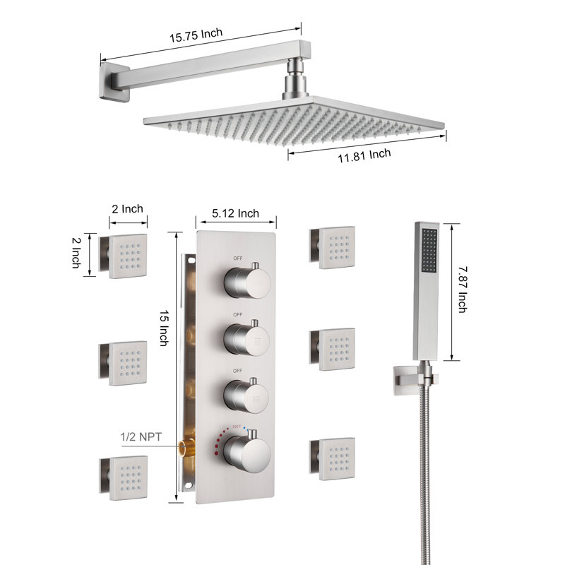 3-Function LED Light Thermostatic Rainfall Shower System with 6 Body Jets and Rough-in Valve, Brushed Nickel