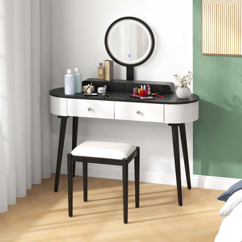 Ensemble de meuble-lavabo à miroir 4 tiroirs avec tabouret Kiree , Blanc/Noir