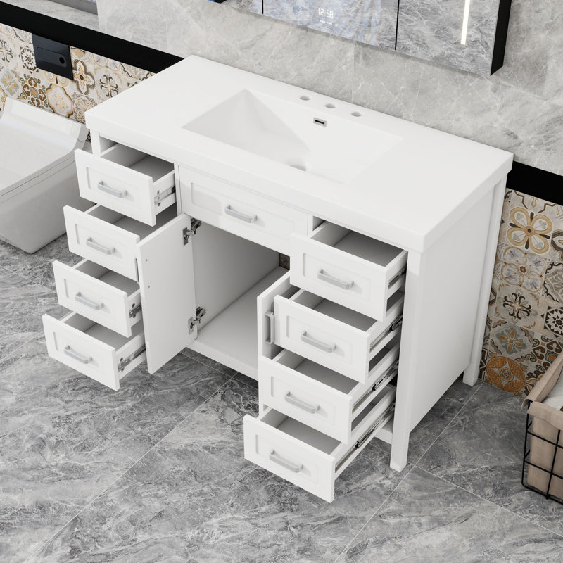 Meuble-lavabo autoportant élégant en bois avec plateau en résine, portes et tiroirs à fermeture en douceur, Blanc