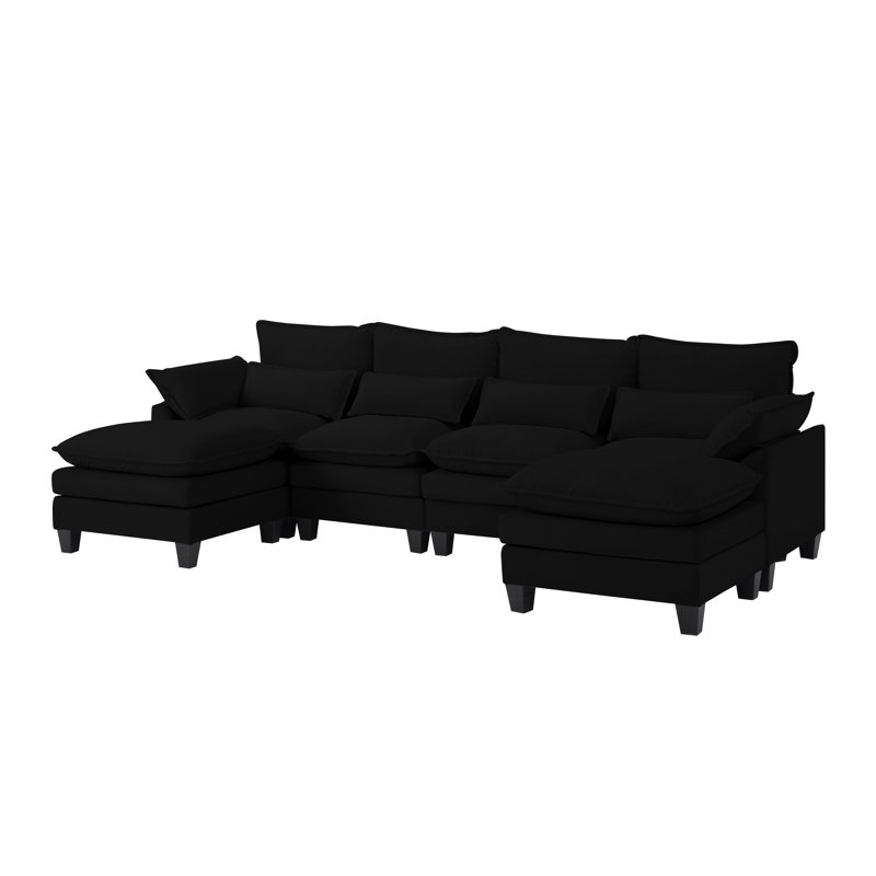 6-piece U-shaped upholstered sectional sofa, Black