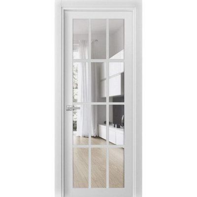 Porte de garage prémontée à la française, vitrage transparent 12 carreaux, modèle Felicia 3355, blanc soie, panneau simple, cadre, poignées, idéale pour salle de bain ou chambre à coucher. Porte robuste de 91,4 cm x 203,2 cm (36 po x 80 po).