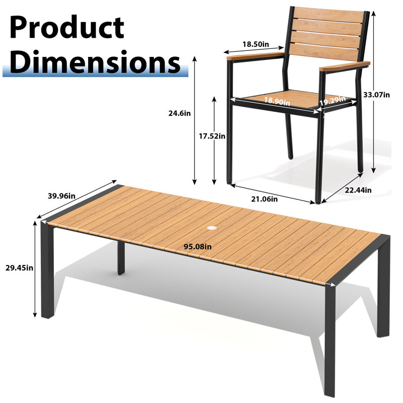 8 - Person 95'' W X 40'' D Aluminum Patio Dining Set With Stackable Armchairs And Umbrella Hole, Brown