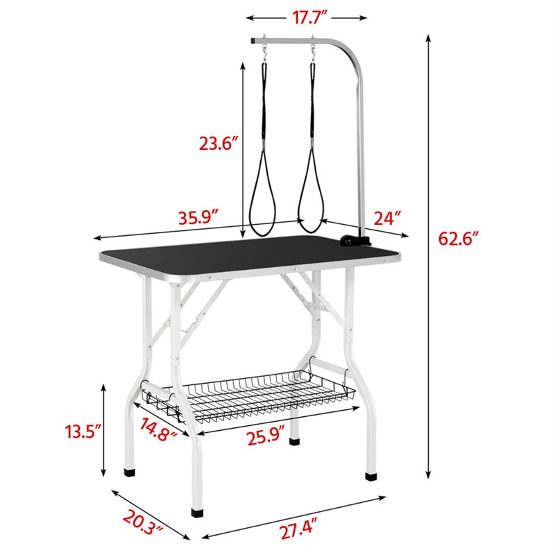 36” Dog Grooming Table with Basket Style Tool Shelf and Adjustable Arm
