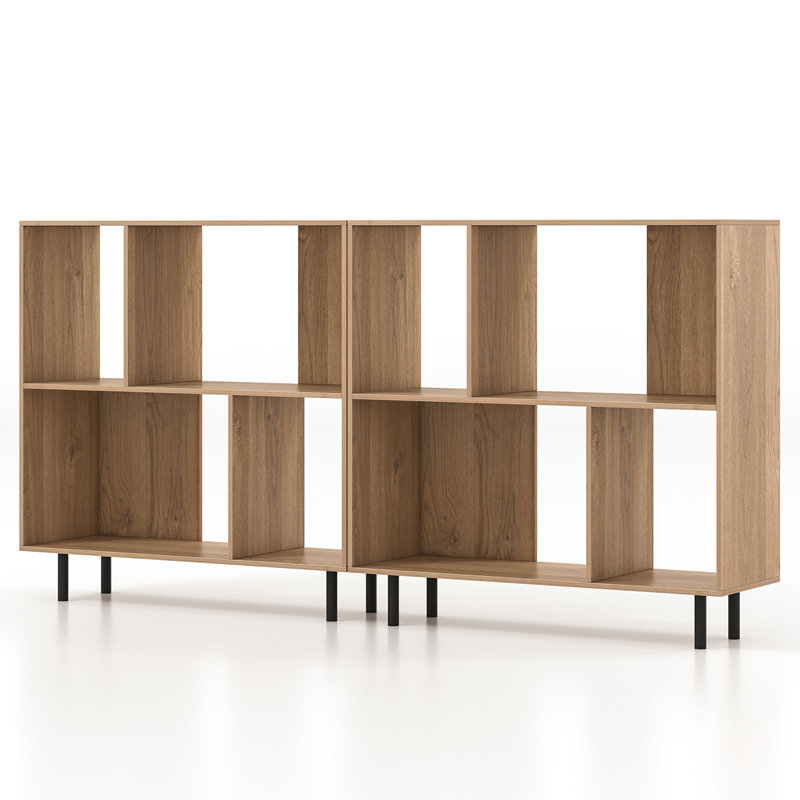 2PCS 4 Cubby Open Bookcase 3-Tier Freestanding Bookshelf w/ Detachable Metal Legs, Brown