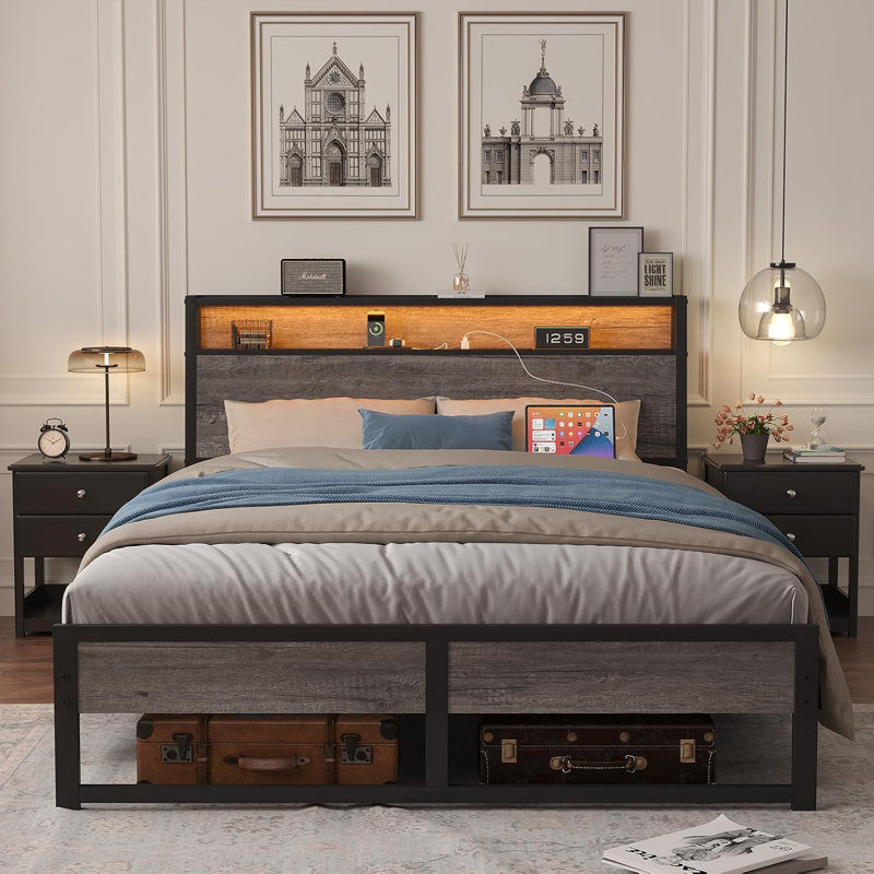 Ergonomic Headboard and Charging Station, Platform Metal Bed Frame with LED Lights, Heavy Duty Slats Support, Full