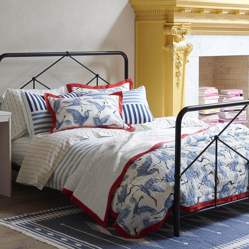 Blue and White Cotton Twin Comforter Set with Stripes