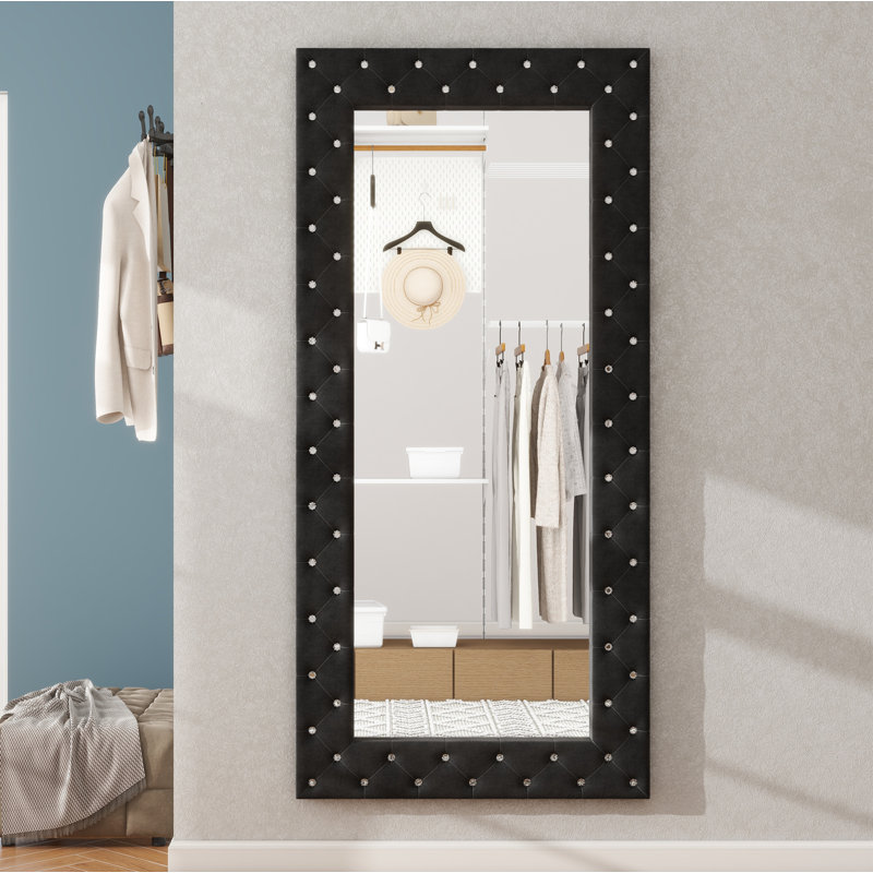 Casmer Crystal Tufted 71" H Large Black Floor Mirror