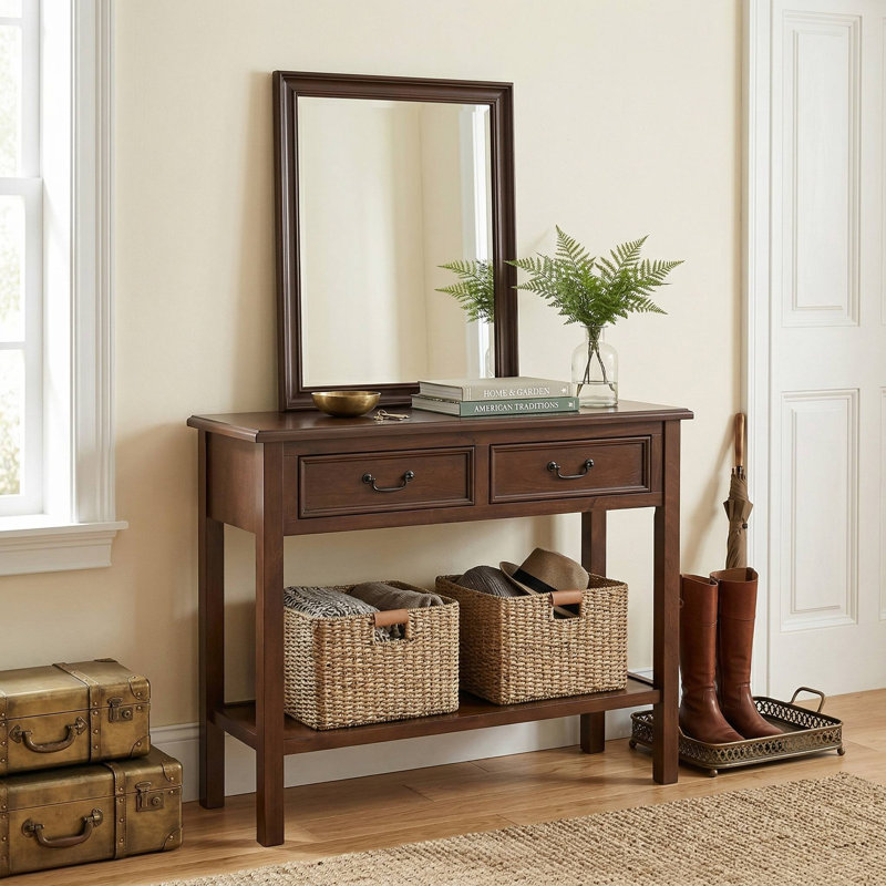 38 Inch Rustic Entryway Console Table With 2 Storage Drawers And Bottom Open Display Shelf, 32" H x 38" W x 13" D, Brown