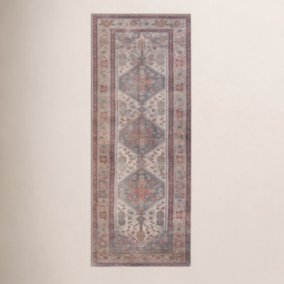 Cream Blue Red Washable Oriental Rug