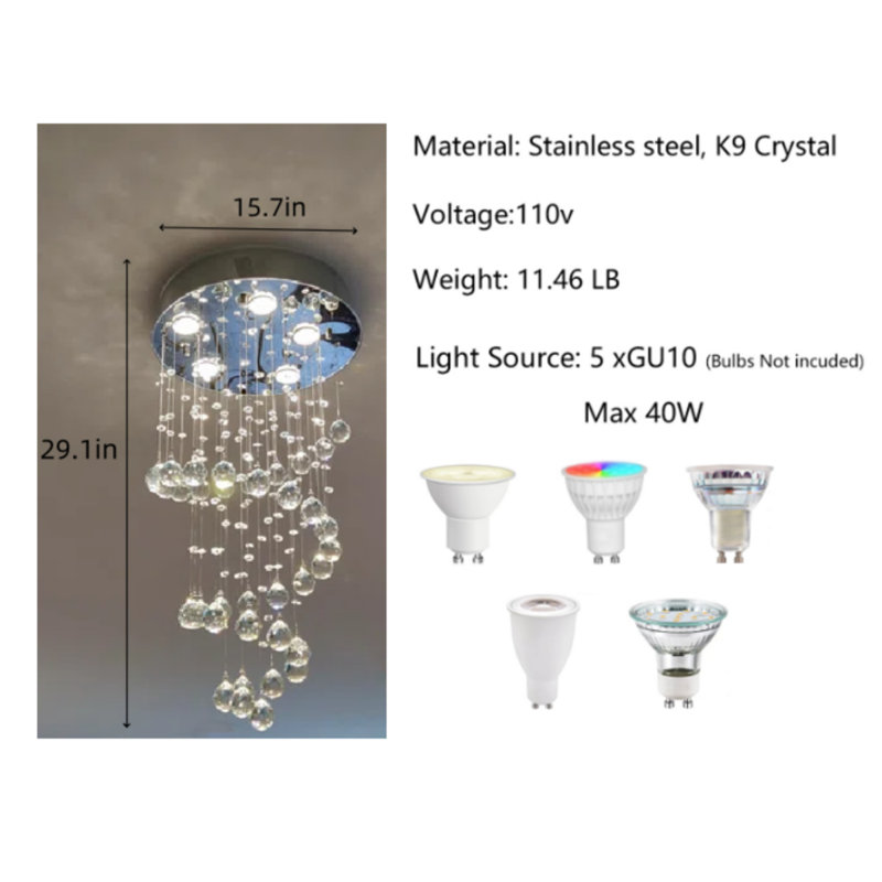 5-Light Dimmable Raindrop Crystal Flush Mount