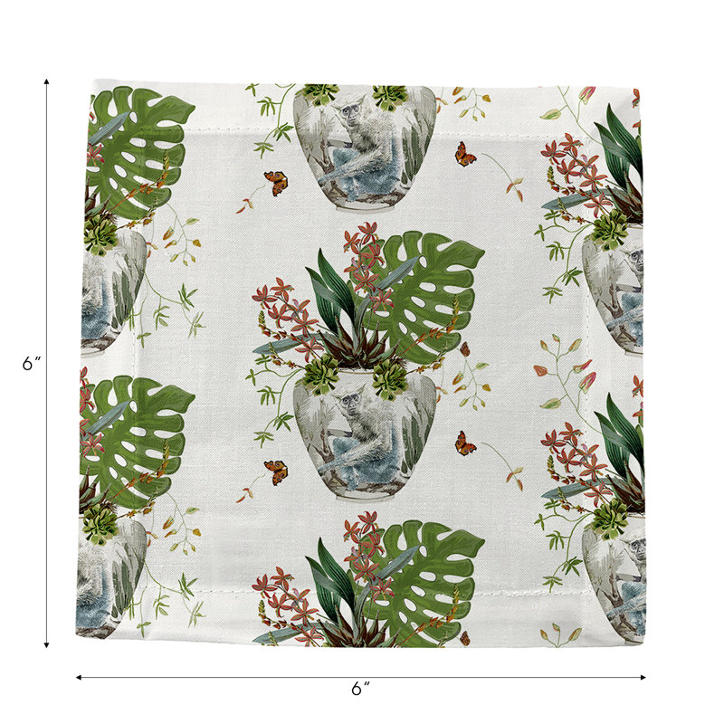 Monkey Small Jungle Cotton Sateen Cocktail Napkins, White