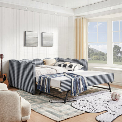 Lit de jour en vichy douillet avec couchette, sans sommier, port USB, forme de vague adorable, tissu en lin