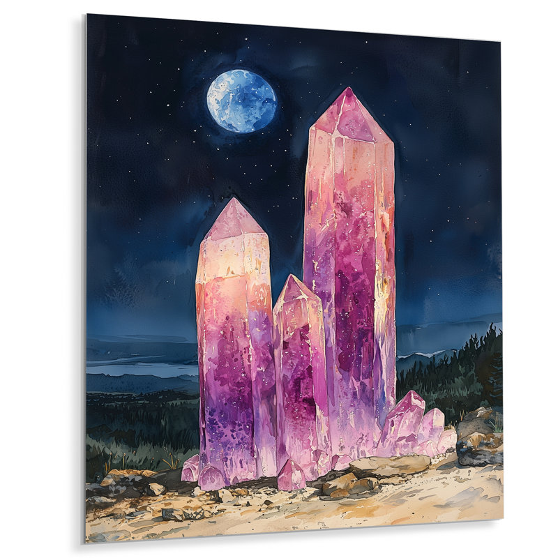 Cristaux énergie rose et mauve à la lune III - cristaux décoratifs muraux en métal, H 20 po x l 12 po
