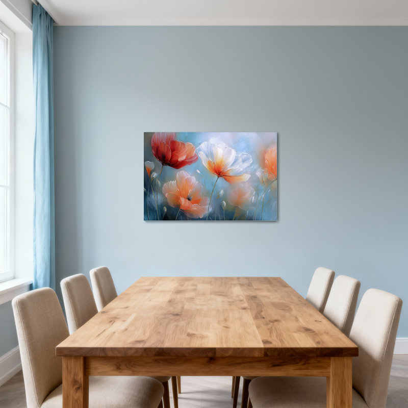 Plantes et fleurs coquelicots, fond bleu doux, H 20 po x l 30 po