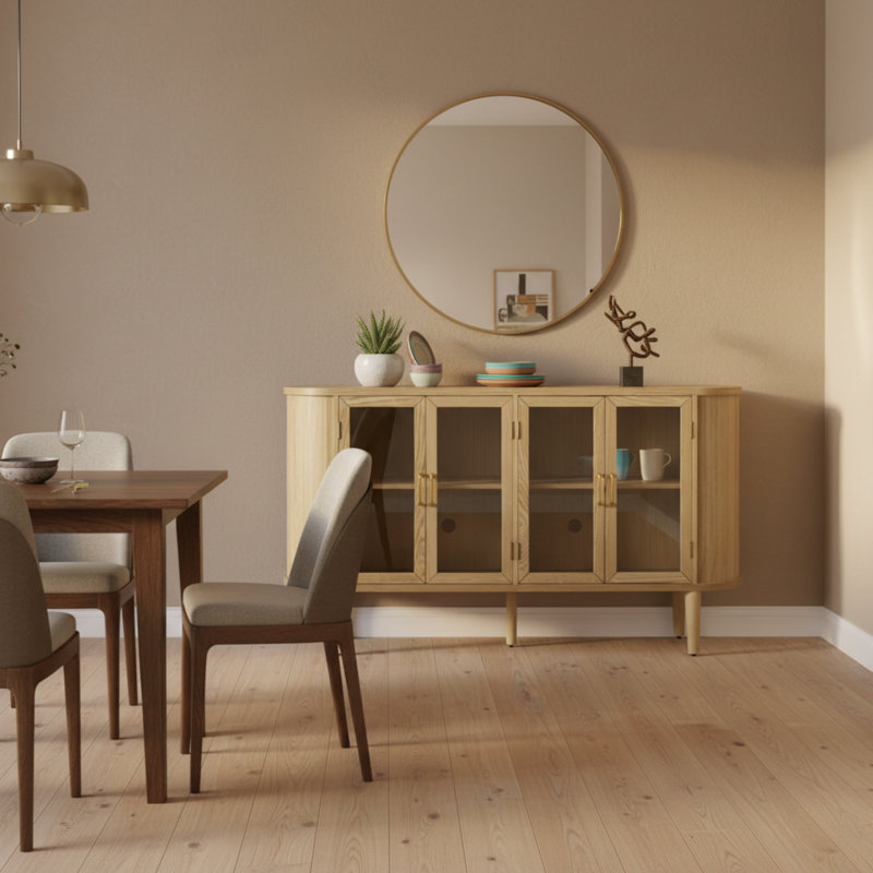 This Natural Wood-Colored Farmhouse-Style Sideboard Features Glass Doors And Adjustable Shelves, Offering A Beautiful And Natural Look Suitable For Kitchens, Dining Rooms, And Living Rooms.
