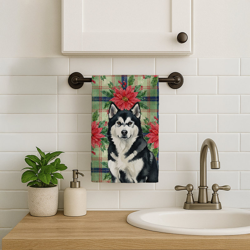 Black and White Alaskan Malamute Christmas PoinsettIas Kitchen Towel, Black/White Alaskan Malamute