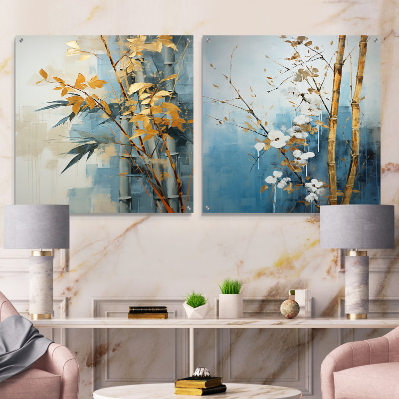 Or et bleu bambou IV - Ensemble de 2 verres muraux en acrylique, H 36 po x l 73 po